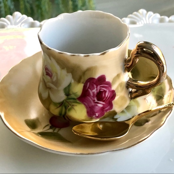 Leffon Fine Bone China Roses Cup & Saucer + Spoon